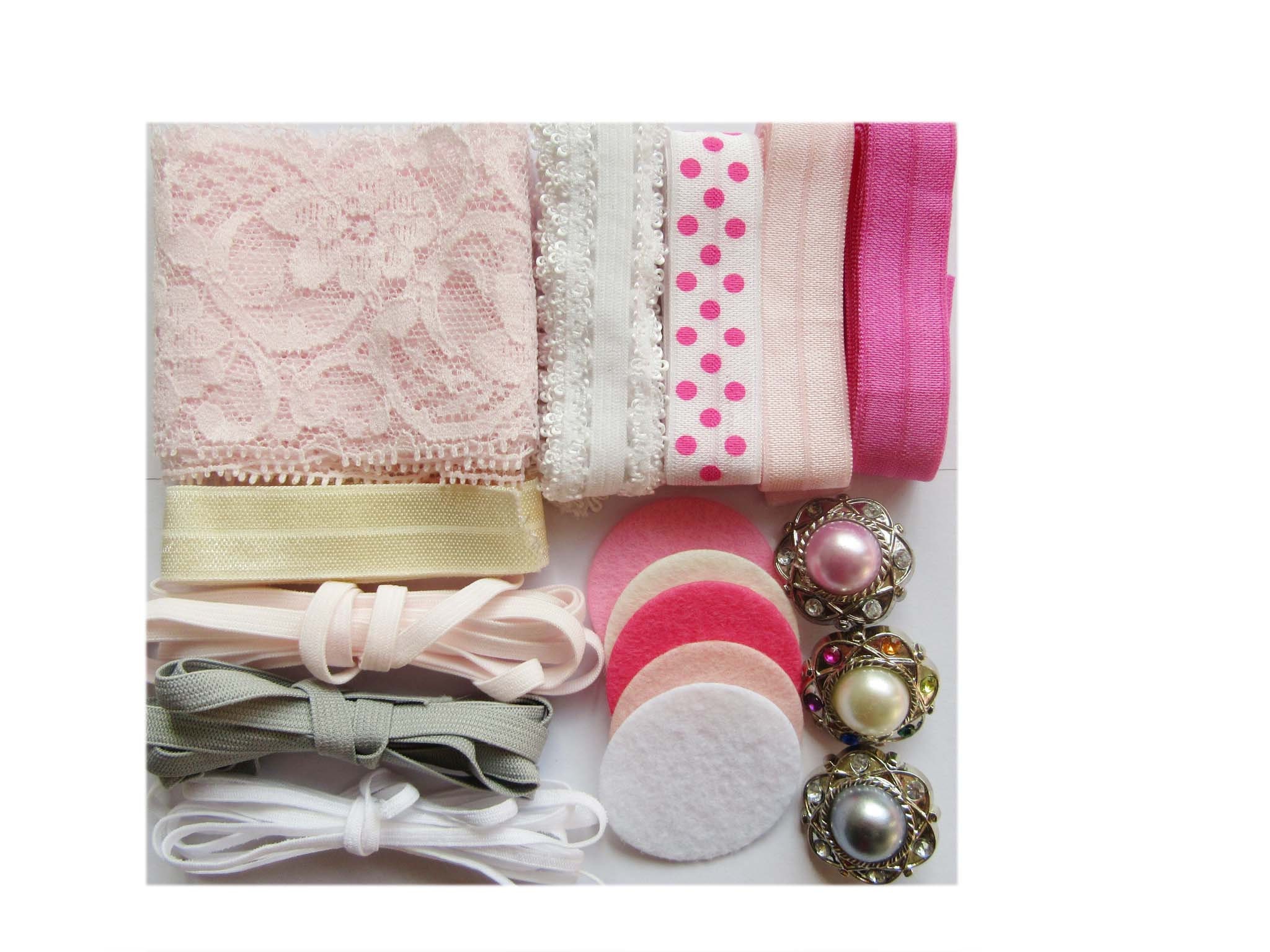 DIY Stirnband Kit Für Baby Shower – 32 Bänder & 6 Clips Zum Selbermachen (Rosa/Grau/Elfenbein)