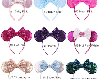 Sequin Mouse Ears Headband, Custom Polka Dot Bow Park Outfit Accessory U PICK