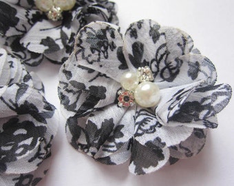 10 Chiffon 2" Floral Flower Rhinestone Pearl-Black D007-1