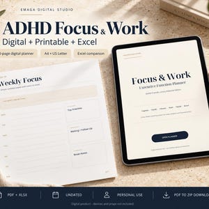 Planificador de trabajo y enfoque para TDAH en Goodnotes, función ejecutiva, sistema de productividad imprimible en PDF + Excel