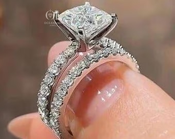 Conjunto de anillo de compromiso con halo de diamantes cultivados en laboratorio, talla princesa, con certificación IGI, 2,5 quilates en total.