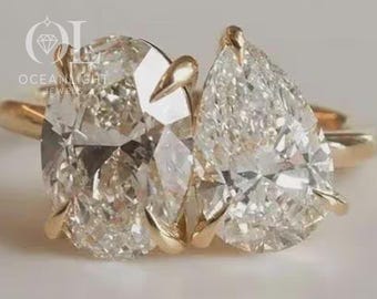 2.00TCW Lab Grown Diamond Toi et Moi Ring, Pear & Oval Cut Engagement Ring, 14K Gold