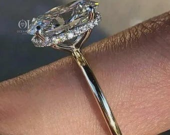 Oval Diamond Engagement Ring, Lab Grown Diamond Ring, Hidden Halo Ring, 1 year anniversary gift
