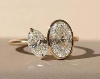 Lab Grown Diamond Toi et Moi Ring, 14K Gold Oval Cut Engagement Ring, Two Stone Diamond Wedding Ring, IGI Certificate