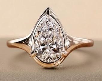 Pear Cut Lab Grown Diamond Engagement Ring, Bezel Set Solitaire Teardrop Ring, Anniversary Gifts