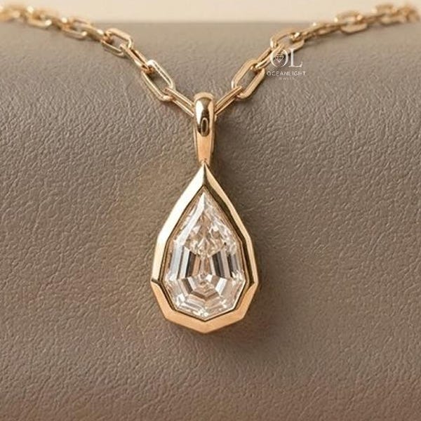 Modified Pear Cut Diamond Pendant Necklace, Bezel Set Pear Diamond Necklace, Lab Grown Diamond Pendant, Geometric Gold Necklace