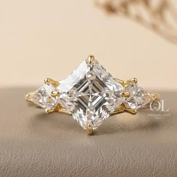 Three Stone Lab Grown Diamond Ring, Asscher Cut Solitaire Engagement Ring, Anniversary Gift For Her