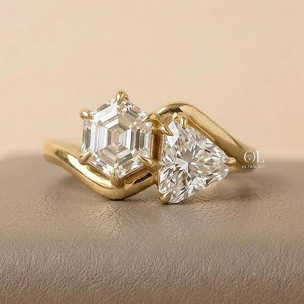 Hexagon & Trillion Cut Toi Et Moi Ring, Lab Grown Diamond Engagement Ring, 14k Yellow Gold Ring, Two Stone Ring, Promise Ring, Gift For Her