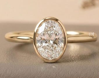 Oval Lab Grown Diamond Ring, 14K Yellow Gold Bezel Set Engagement Ring, Solitaire Wedding Ring, Promise Ring For Her