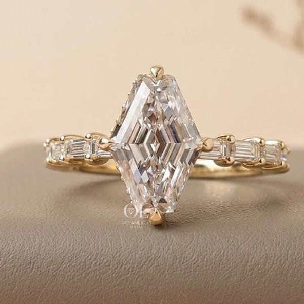 Hexagon Step Cut Lab Grown Diamond Engagement Ring, Hidden Halo, Baguette Side Diamonds, Promise Gift