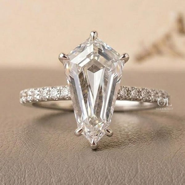 Shield Cut Lab Grown Diamond Engagement Ring, Solitaire Diamond Ring, Pave Band Ring, Unique Bridal Ring, Proposal Ring