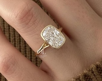 Anillo de compromiso con diamante cultivado en laboratorio, talla cojín alargada, certificado por IGI, joyería hecha a mano.