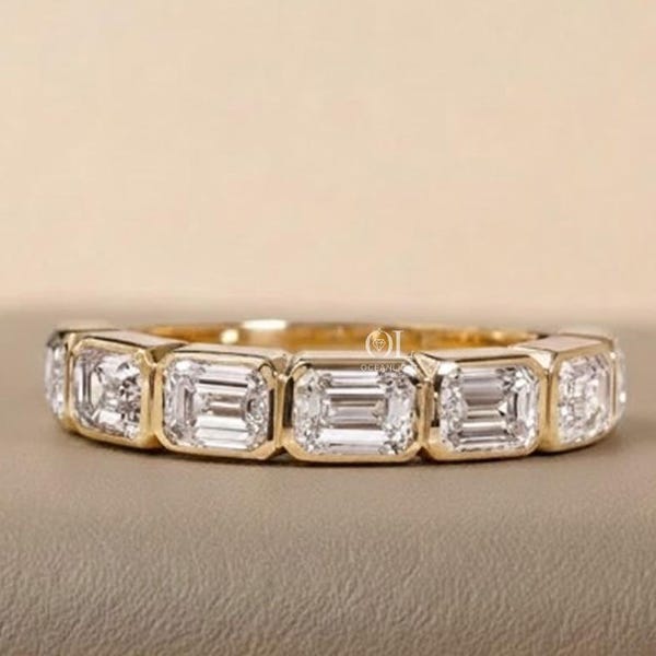 East West Set Emerald Cut Lab Grown Diamond Wedding Band, Bezel Set, Anniversary Gift