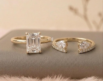 Emerald Cut Lab Grown Diamond Engagement Ring Set, Open Gap Matching Band, Anniversary Gifts