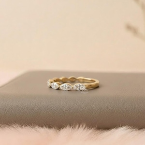 Marquise Cut Lab Grown Diamond Wedding Band, Gold Half Eternity Ring, Stackable Bridal Band