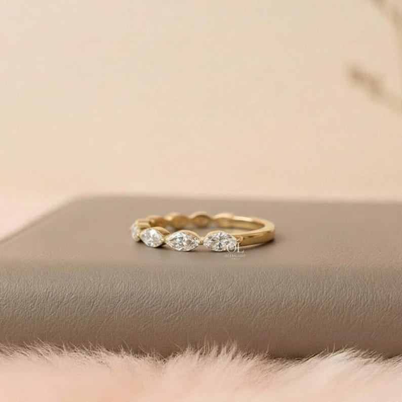 Marquise Cut Lab Grown Diamond Wedding Band, Gold Half Eternity Ring, Stackable Bridal Band