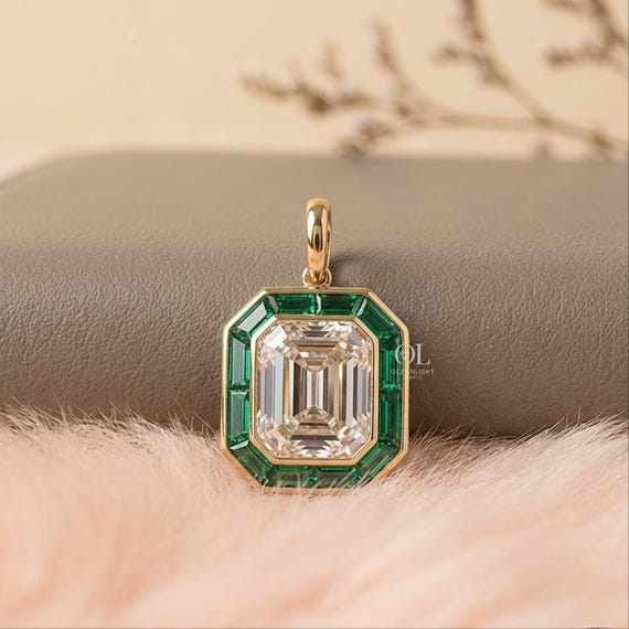 Emerald Cut Diamond & Emerald Halo Pendant, Lab Grown Diamond Pendant, Gold Statement Jewelry Gift