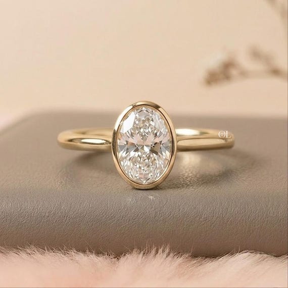 Oval Lab Grown Diamond Ring, 14K Yellow Gold Bezel Set Engagement Ring, Solitaire Wedding Ring, Promise Ring For Her