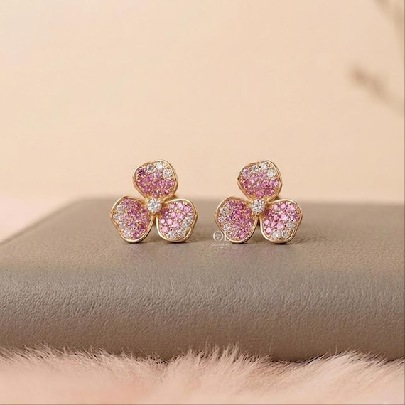 Pink Round Cut Lab Diamond Floral Shape Stud Earrings, Bezel Set Earrings, Cluster Set Diamond Bridal Earrings, Handmade Jewelry For Her