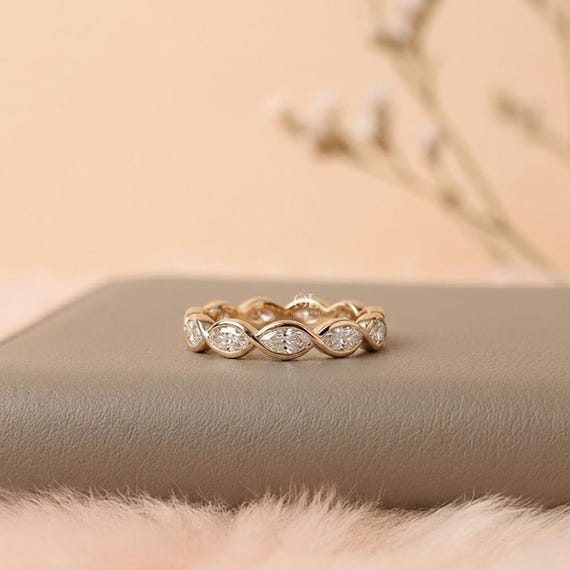 Marquise Lab Grown Diamond Ring, Solid Gold Bezel Set Full Eternity Band, Stackable Anniversary Gift