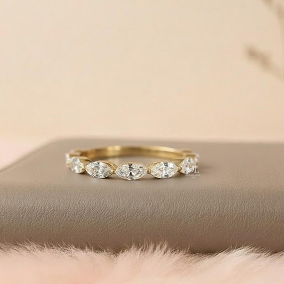 Marquise Lab Grown Diamond Wedding Band, Stackable Diamond Ring, Half Eternity Band, Anniversary Ring, Solid Gold Wedding Ring Gift