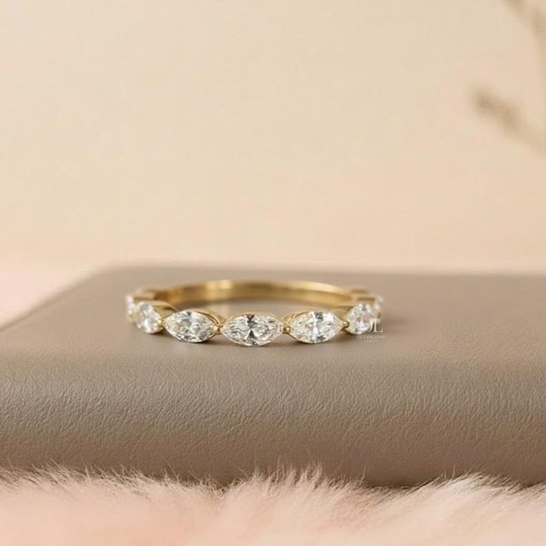 Lab Grown Diamond Marquise Wedding Band, Half Eternity Ring, Stackable Diamond Band, Minimalist Gold Wedding Ring for Women
