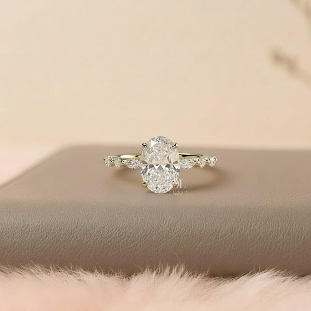 2.0 CT Oval Lab Grown Diamond Engagement Ring, Marquise Side Stones - Etsy