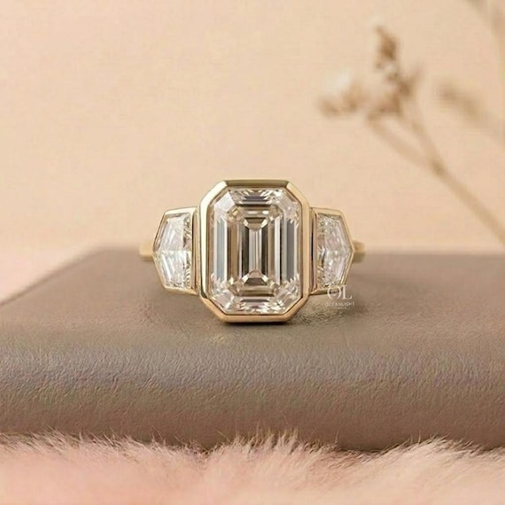 Emerald Cut Lab Grown Diamond Engagement Ring, Three Stone Geometric Ring, Trapezoid Side Stone, 14K Solid Gold
