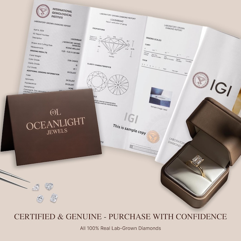 May include: An International Gemological Institute laboratory grown diamond report, a brown Oceanlight Jewels card, four loose diamonds, and a gold ring with a rectangular stone in a brown box. The report details a 3.06 carat round brilliant diamond.
