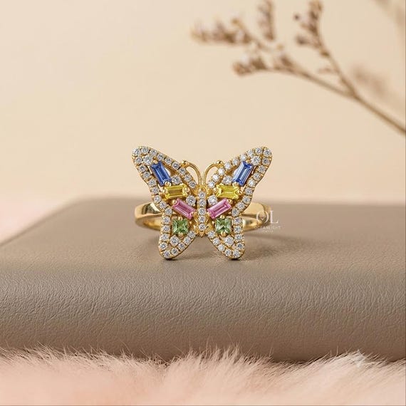 Butterfly Lab Grown Diamond Ring, Round And Baguette Lab Diamond Ring, Color Diamond Ring, Anniversary Ring Gift for Her