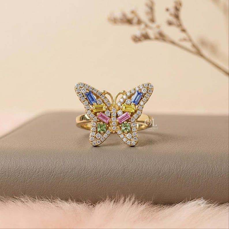 Butterfly Lab Grown Diamond Ring, Round And Baguette Lab Diamond Ring, Color Diamond Ring, Anniversary Ring Gift for Her image 1