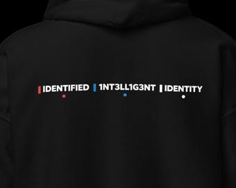 Sudadera con capucha Cryptic Identity, estampado minimalista de estilo urbano en la espalda, tejido unisex.
