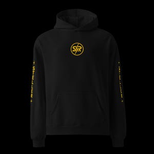 Sudadera con capucha SSR &quot;Steller&quot; – Estilo urbano negro/amarillo, estampado vertical en las mangas