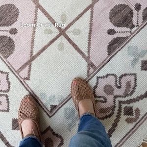 HandknutenHandvävd geometrisk diamantblommig kelimmatta - Kräm & brun 8x10, 9 x 12 fot, Vintage Oushak-stil blommig matta, handgjord matta