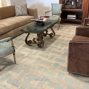 Hand Knotted  Modern Blue and Beige Geometric Pattern Rug by Loom Crafts 6x9, 8x10, 9x12 Ft, Vintage Oushak Style Rug