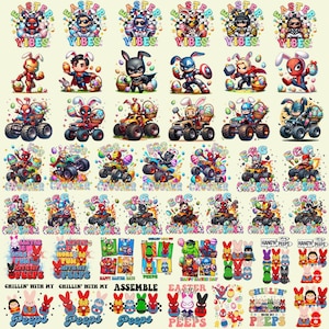 Pode incluir: Uma coleção de designs coloridos com tema de Páscoa, com super-heróis e coelhos. Os designs incluem frases como "Easter Vibes", "Egg Crusher" e "Chillin' with my Peeps". Adequado para vários trabalhos manuais de Páscoa.