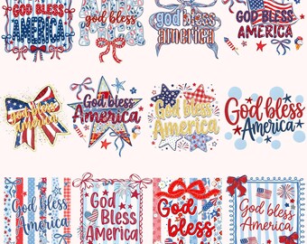 God Bless America PNG Bundle, Patriotic Coquette Bow Designs, Red White Blue Sublimation, Americana Clipart, Digital Download