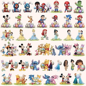 Puede incluir: Una colección de ilustraciones coloridas con temática de Pascua. La imagen presenta personajes como superhéroes, princesas de Disney y personajes de dibujos animados, cada uno sosteniendo huevos o cestas de Pascua. Los personajes están sobre un fondo de huevos de Pascua decorados.