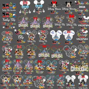 Puede incluir: Una colección de diseños temáticos de Disney con Mickey y Minnie Mouse, castillos y los textos "Disney Trip" y "Family Vacation 2026". Los diseños son de varios colores y estilos, adecuados para ropa o manualidades.