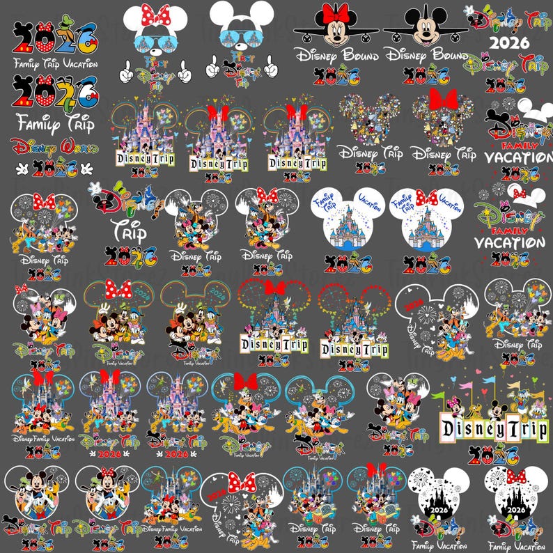 May include: A collection of Disney-themed designs featuring Mickey and Minnie Mouse, castles, and the text "Disney Trip" and "Family Vacation 2026". The designs are in various colors and styles, suitable for apparel or crafts.