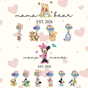 Może przedstawiać: Jasnoróżowe tło z postaciami z kreskówek, sercami i tekstem. Przedstawiono Kubusia Puchatka, Tygryska, Prosiaczka, Kłapouchego i Minnie Mouse. Tekst zawiera "mama bear", "mama mouse" i "EST. 2026".