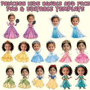 May include: A digital bundle of princess-themed character illustrations featuring various gowns in purple, blue, yellow, pink, green, and teal. Each character has a customisable face and a tiara. The text reads PRINCESS KIDS BUNDLE ADD FACE PNG & EDITABLE TEMPLATE.