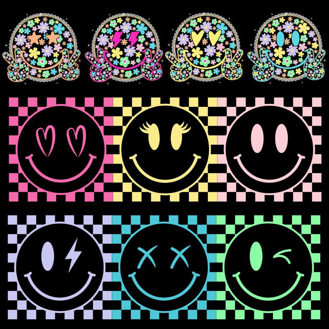 Retro Smiley Face PNG Bundle, Colorful Checkered Happy Faces Clipart ...