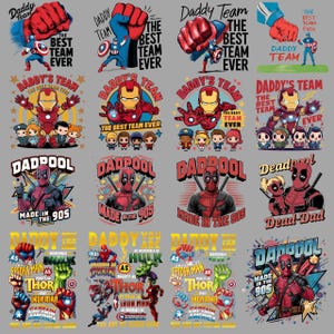 May include: A collection of graphic designs featuring Marvel characters like Captain America, Iron Man, and Deadpool. The designs include text such as "Daddy's Team," "The Best Team Ever," and "Made in the 90s." The color palette includes red, blue, and yellow.