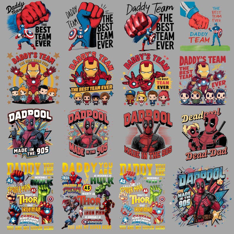 May include: A collection of graphic designs featuring Marvel characters like Captain America, Iron Man, and Deadpool. The designs include text such as "Daddy's Team," "The Best Team Ever," and "Made in the 90s." The color palette includes red, blue, and yellow.