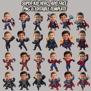 Op de afbeelding: Een digitale collectie van vierentwintig geïllustreerde superheldenfiguren met aanpasbare gezichten, voorzien van diverse kostuums in rood, blauw, zwart en goud. De tekst bovenaan luidt SUPER KID HERO ADD FACE PNG & EDITABLE TEMPLATE.