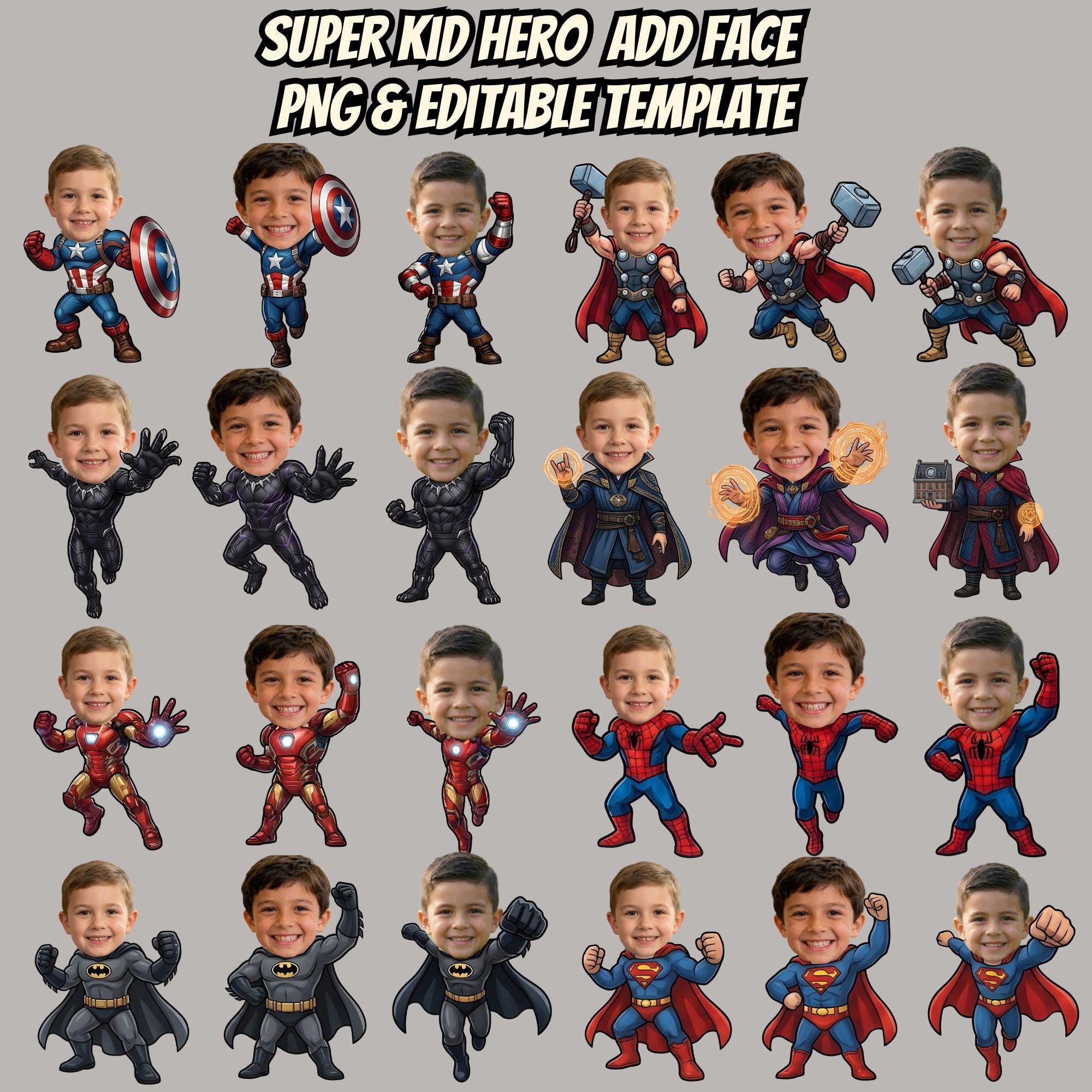 Kids Super Hero Face Swap PNG Bundle, Editable Character Template, Add ...