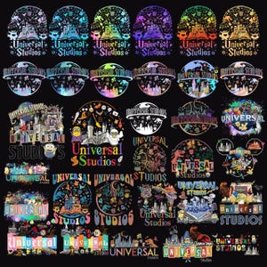 Puede incluir: Una colección de coloridos diseños de Universal Studios sobre un fondo negro. Los diseños presentan varios logotipos, gráficos y texto, incluidas las palabras "Universal Studios" e imágenes de atracciones de parques temáticos.