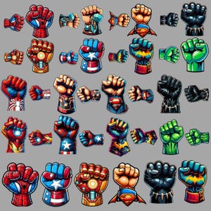 May include: A collection of superhero-themed fist illustrations. The fists are depicted in various colors and designs, including Spider-Man, Captain America, Iron Man, Superman, Black Panther, and Hulk.