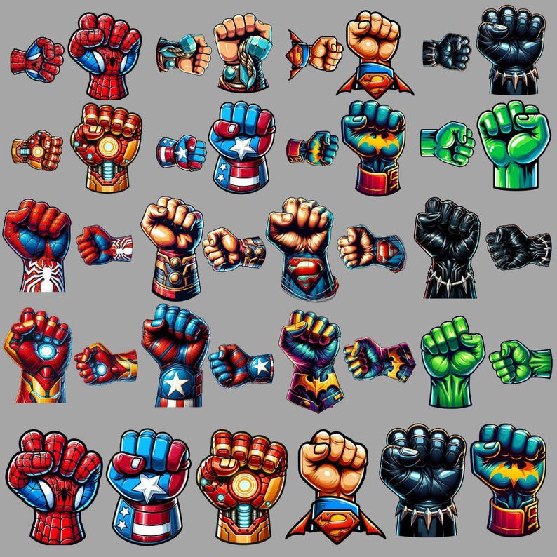 May include: A collection of superhero-themed fist illustrations. The fists are depicted in various colors and designs, including Spider-Man, Captain America, Iron Man, Superman, Black Panther, and Hulk.